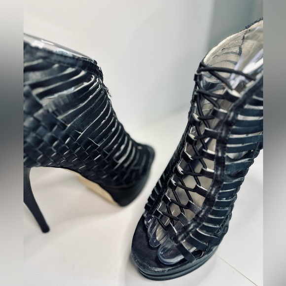 Mea Shadow Heels Gladiator Stiletto Platform BLACK Woven Leather SZ 6 - Picture 5 of 16